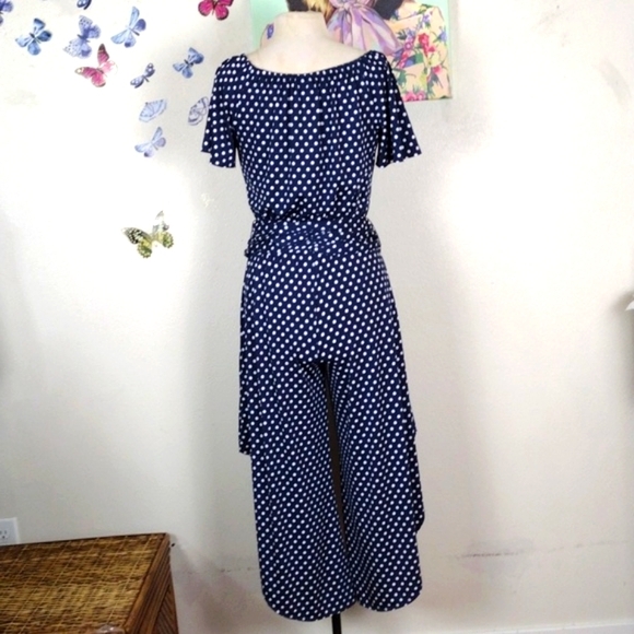 MSK Navy Blue and white polka dot jumpsuit with asymmetrical legs - Picture 9 of 14